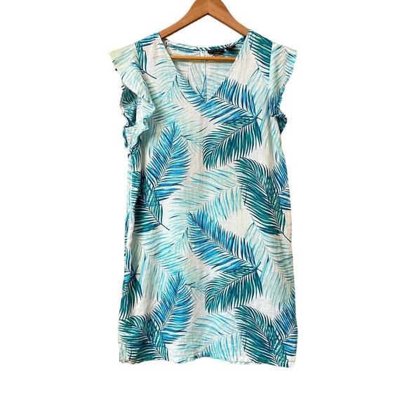 Tahari Dresses & Skirts - Tahari 100% Linen Palm Leaf Teal Short Dress Womens sz S Casual Tropical Relaxed